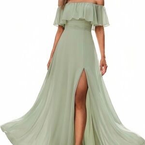 Elegant Sage Green Off-Shoulder Maxi Dress with Slit